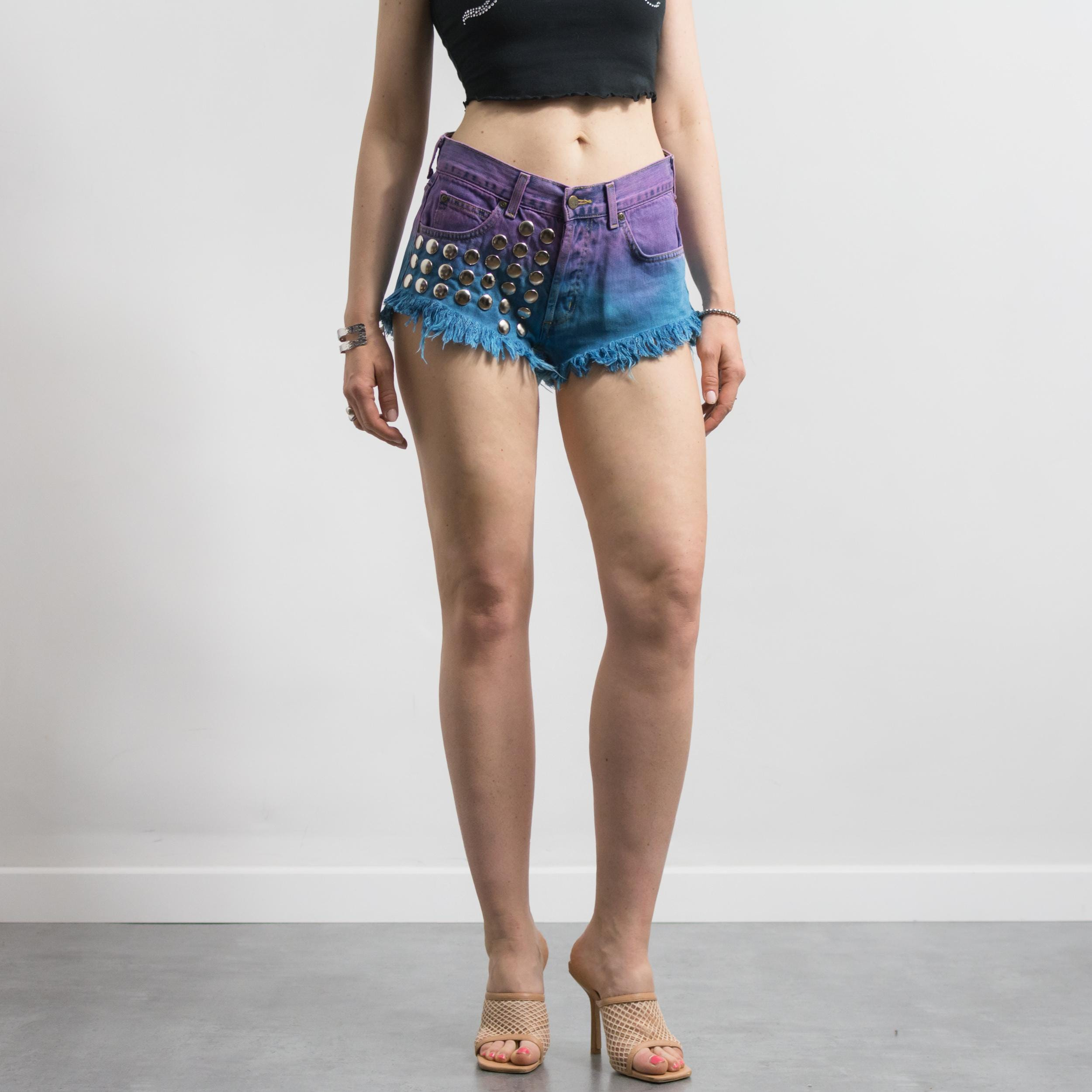 Purple Blue Ombre Studded Denim Shorts